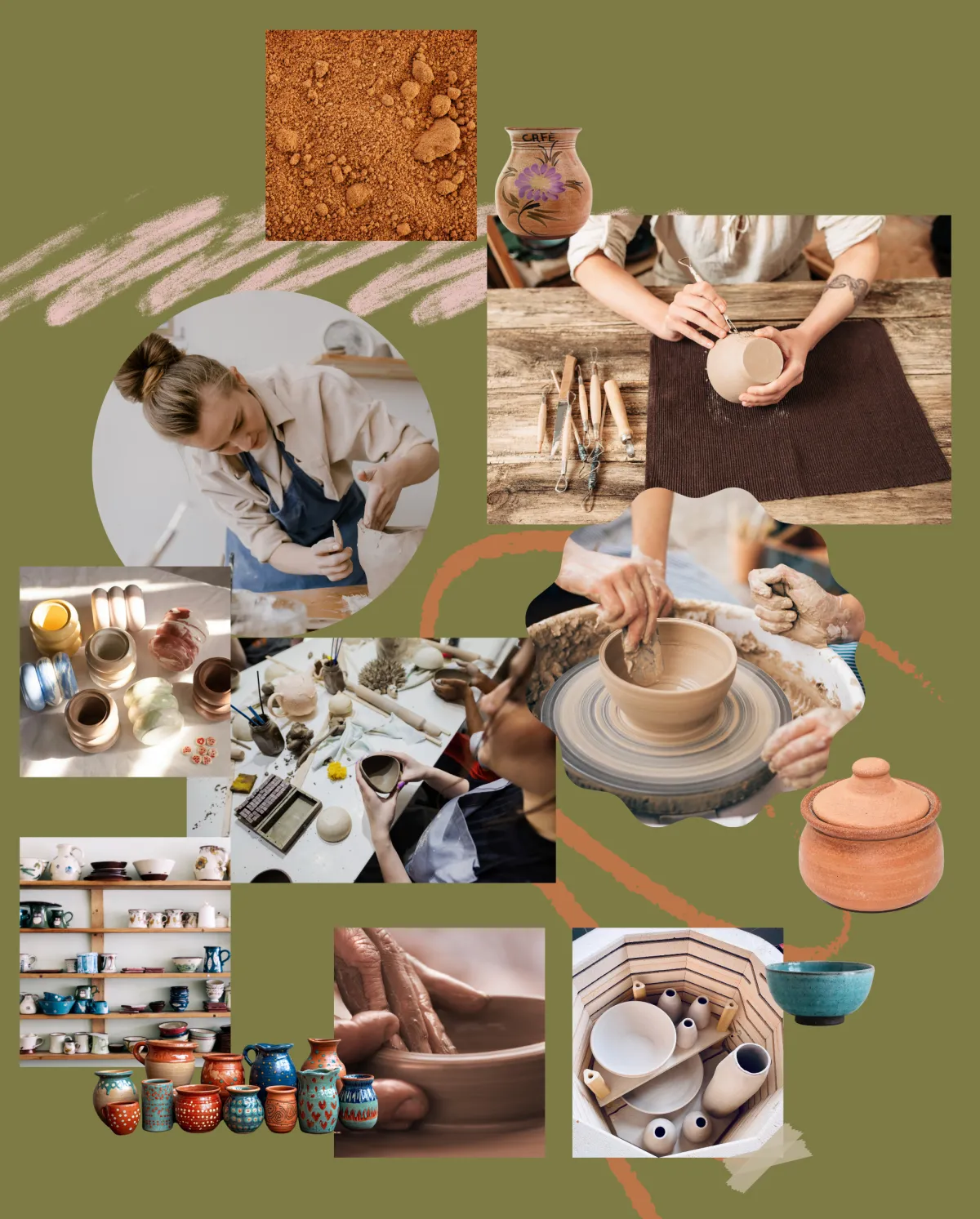 Collage of images on a dark green background showcasing the pottery craft. Includes hands at the potter's wheel, a finished vase, ceramic tools, a kiln with drying pots, and shelves of mugs and bowls. This visual captures the entire creative process, from raw materials to finished products, making it ideal for a website promoting pottery workshops, classes, or studios.