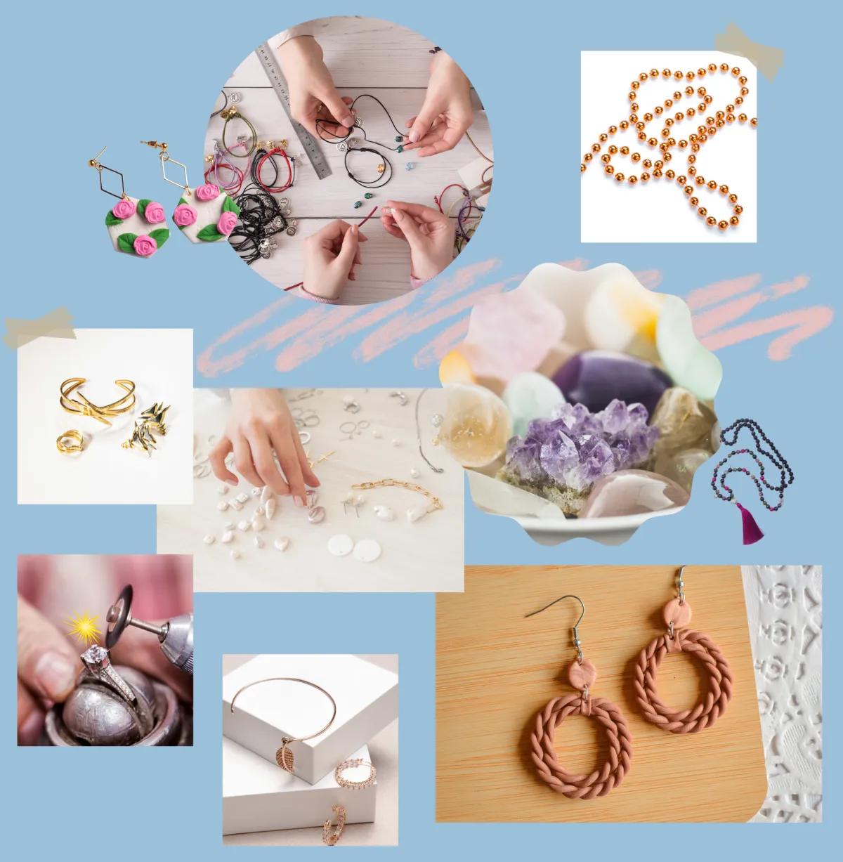 Collage of images on a light blue background showcasing jewelry and metalwork. Includes hands crafting bracelets, finished earrings, a collection of gems and crystals, a person using a tool to work on a ring, and various jewelry pieces. This visual highlights the intricate process and beautiful final products, making it perfect for a website promoting jewelry workshops, studio spaces, or an online shop.