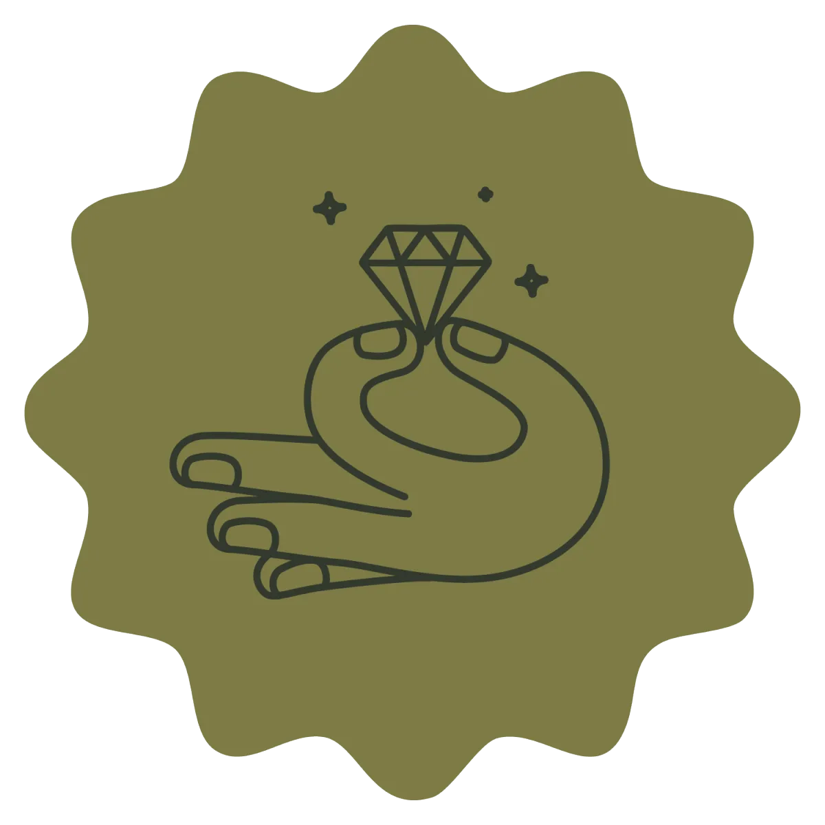 Playful, line-drawn illustration of a hand holding a shining diamond in dark, muted green, set within a lighter green, stylized star shape. This graphic represents the jewelry and metalwork hub, emphasizing the attention to detail and creative brilliance behind each piece. A modern, clean visual perfect for a website promoting a creative space with professional tools for artisans.