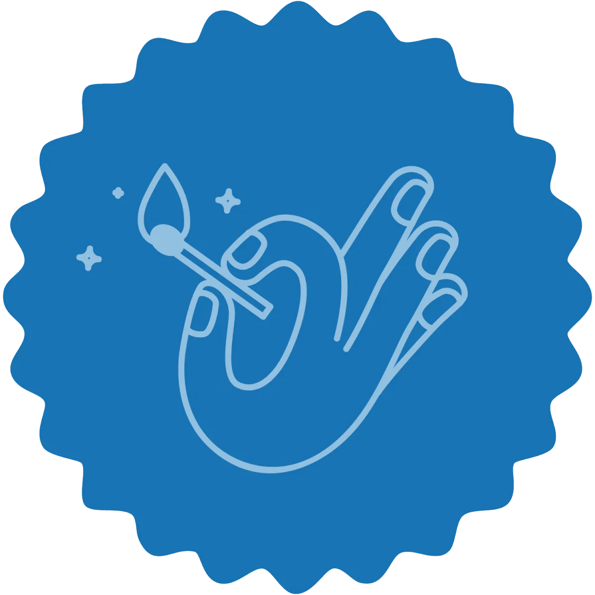 Playful, line-drawn illustration of a hand holding a lit match in light blue, set within a dark blue, stylized star shape. This graphic represents the candles and bath creative hub, symbolizing hands-on processes and the beginning of a new project. A clean, modern visual ideal for a website promoting a creative space with professional tools for makers in wellness and sensory design.