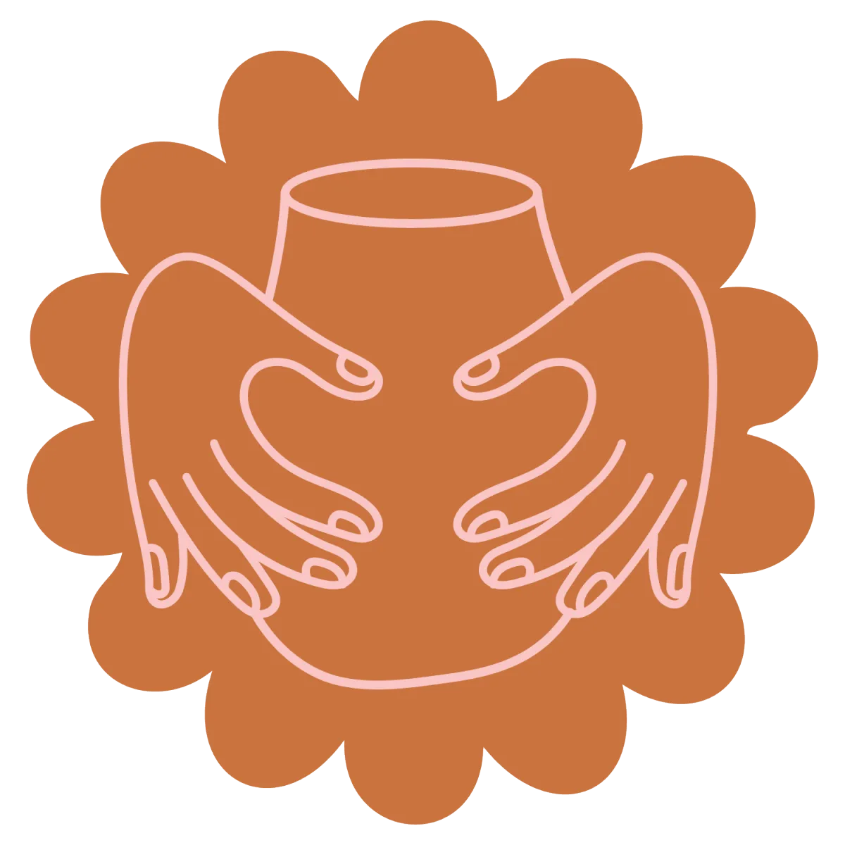 Playful, line-drawn illustration of two hands molding clay on a pottery wheel, in soft pink lines set within a rust-colored, flower-like shape. This image captures the hands-on creative process of the pottery hub, emphasizing mentorship for both new and experienced makers.