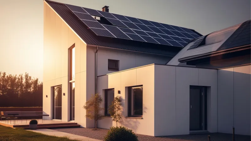 A modern home with solar panels on the froof.