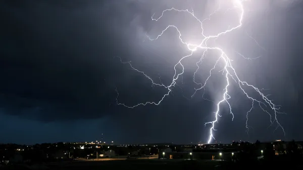 Lightinging striking during a storm.