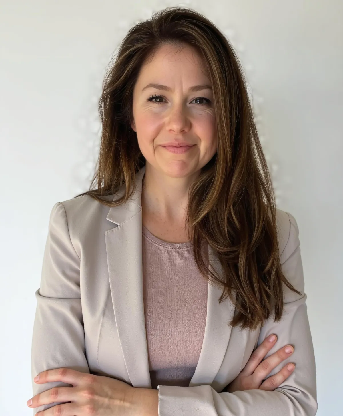 A hand holding a pen above an open journal, with soft green and peach tones in the background. The setting is a cozy, sunlit nook with leafy plants and a cup of herbal tea, suggesting a nurturing, mindful routine.
