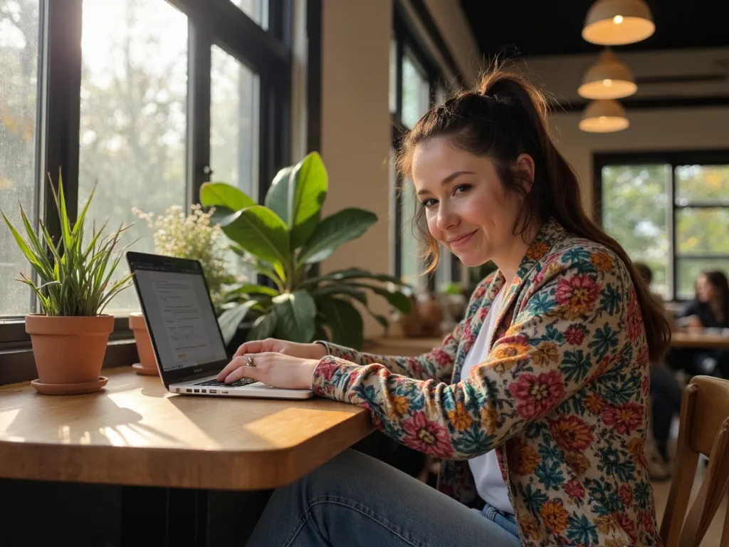 A hand holding a pen above an open journal, with soft green and peach tones in the background. The setting is a cozy, sunlit nook with leafy plants and a cup of herbal tea, suggesting a nurturing, mindful routine.