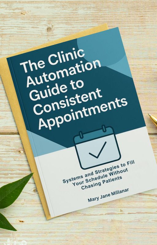 Ebook cover showing a modern, clean design with a stethoscope, calendar, and checkmark icons, set against a soft medical blue background. The title 'Clinic Booking Success' is prominent, with subtle gradients and rounded corners for a professional look.