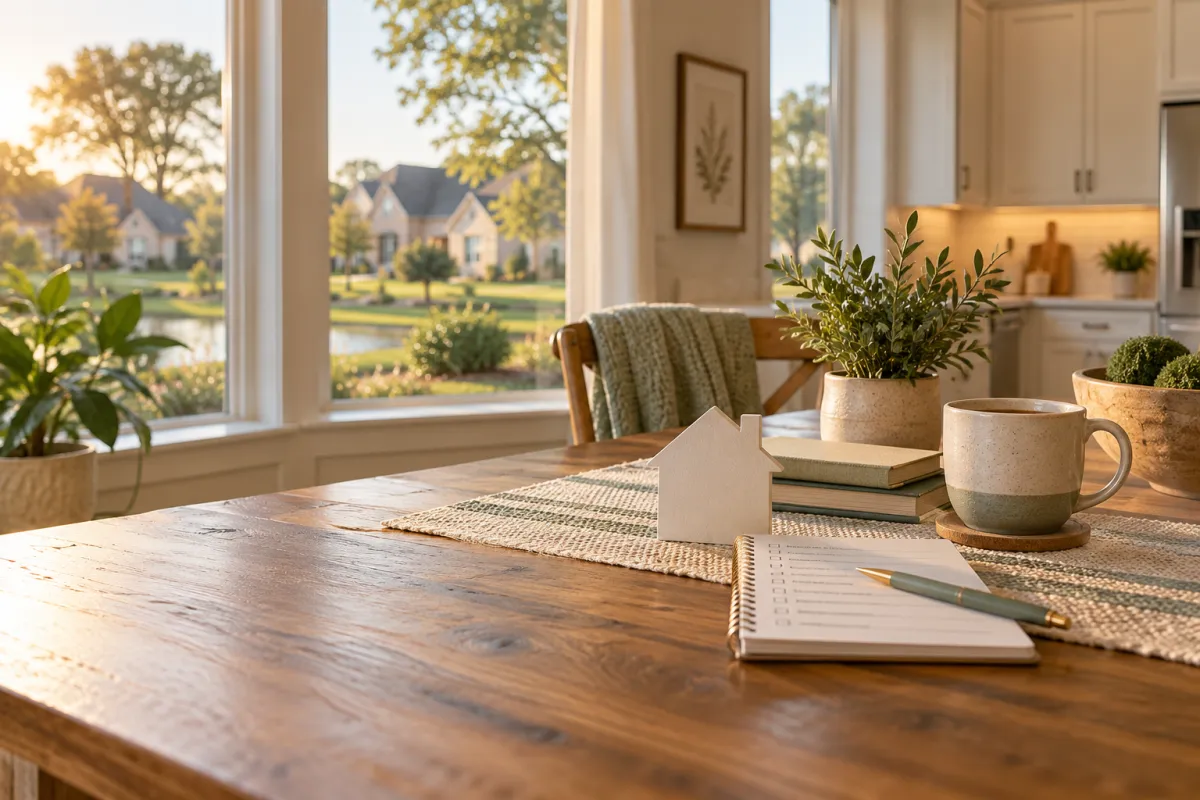 Homeowner’s moving checklist on a kitchen table overlooking an East Texas neighborhood