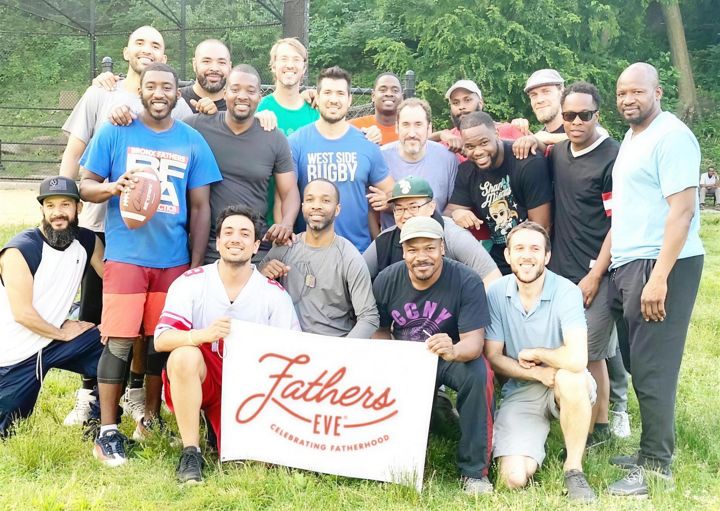 A Fathers Eve group behind the banner