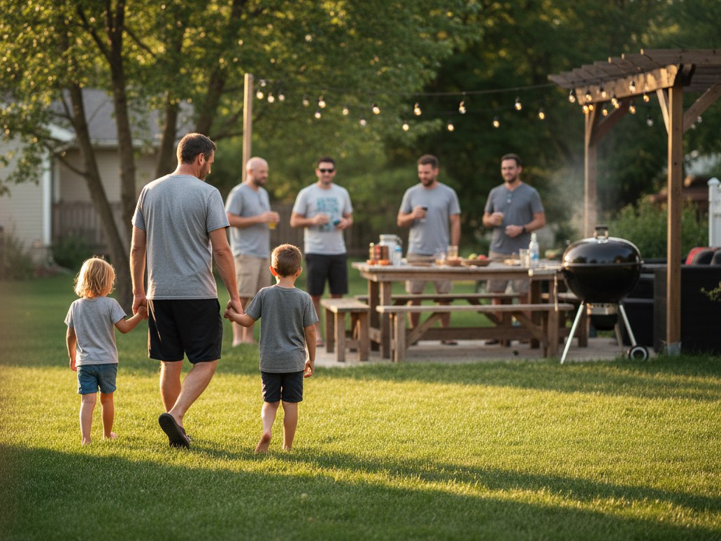 Illustration of a dad walking with his two kids at a backyard gathering