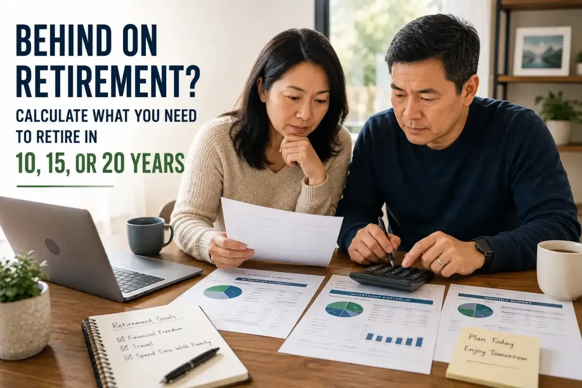 Asian couple in their 40s reviewing retirement planning documents while calculating how much they need to retire in 10, 15, or 20 years.