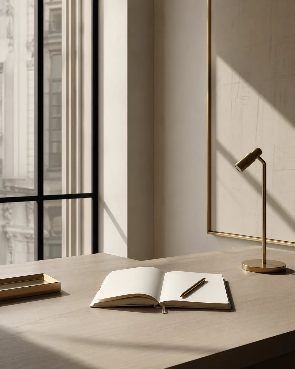 contact-image desk with open book on that next to a window
