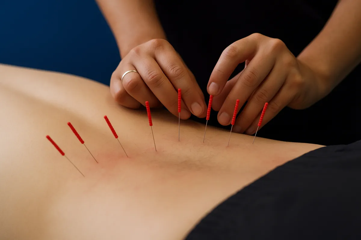 Dry needling session showing red-handled needles placed in the lower back for pain relief.