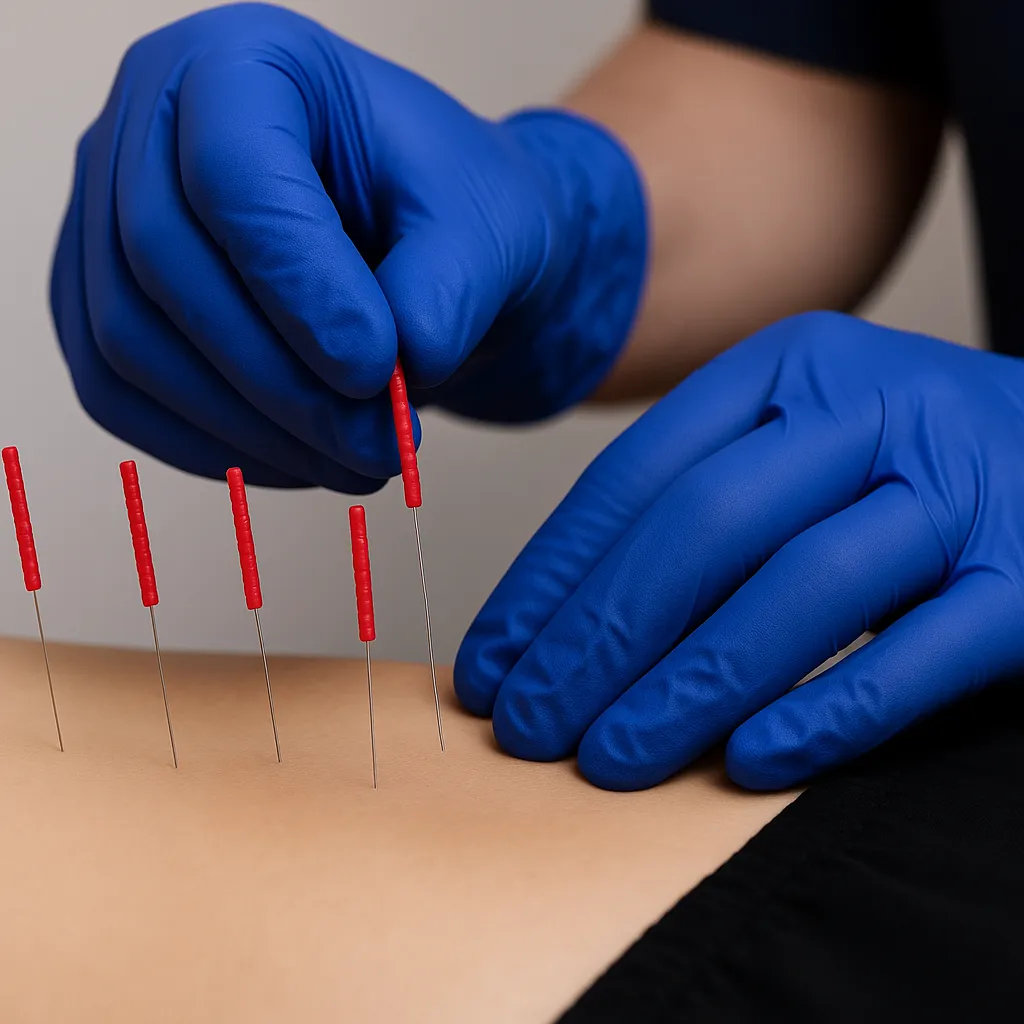 Close-up of a physical therapist inserting dry needling acupuncture needles into a patient's lower back.