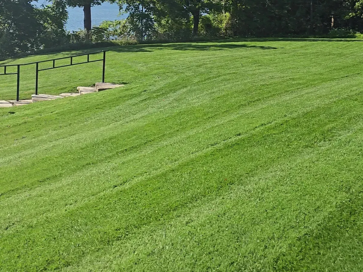 Estate property lawn showcasing professional high-contrast straight mowing lines and precision edge trimming by Big G Landscapes in Simcoe County.