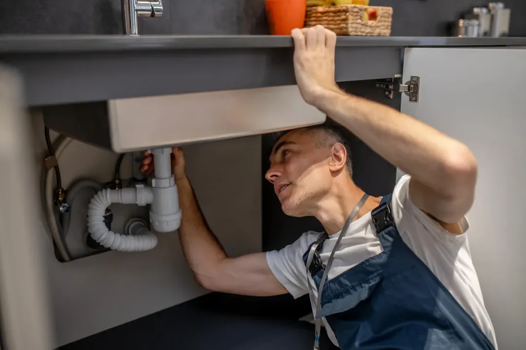 Plumber from Lion Plumbing inspecting and repairing a kitchen sink drain under the counter.