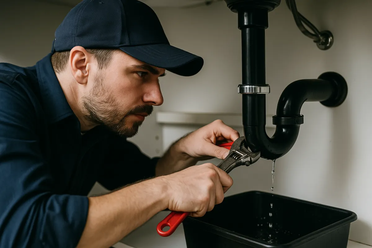 A professional plumber in a navy uniform uses a wrench to repair a leaking pipe under a kitchen sink in Charlotte, NC. Water drips into a bucket as he works with focus during an emergency plumbing repair.