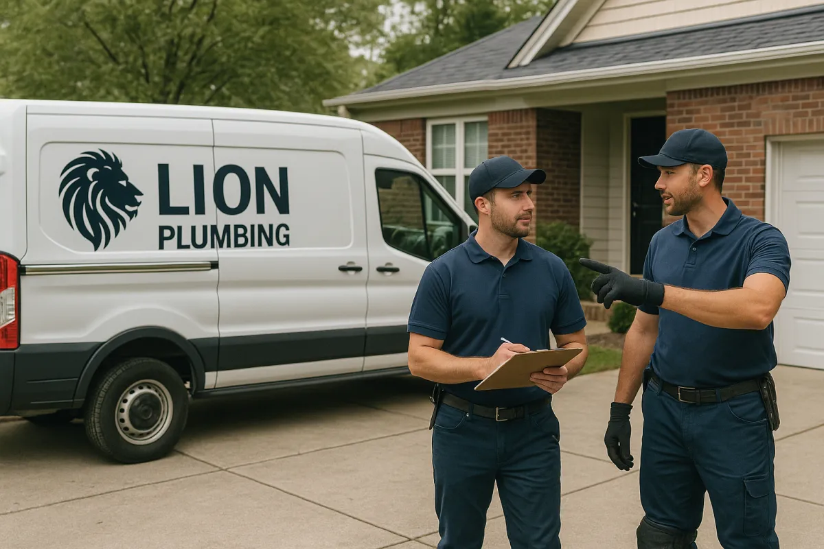 Two plumbers in navy uniforms stand outside a suburban Charlotte home beside their white Lion Plumbing service van. One holds a clipboard while the other points toward the house, showing teamwork, professionalism, and trust in local emergency plumbing services.