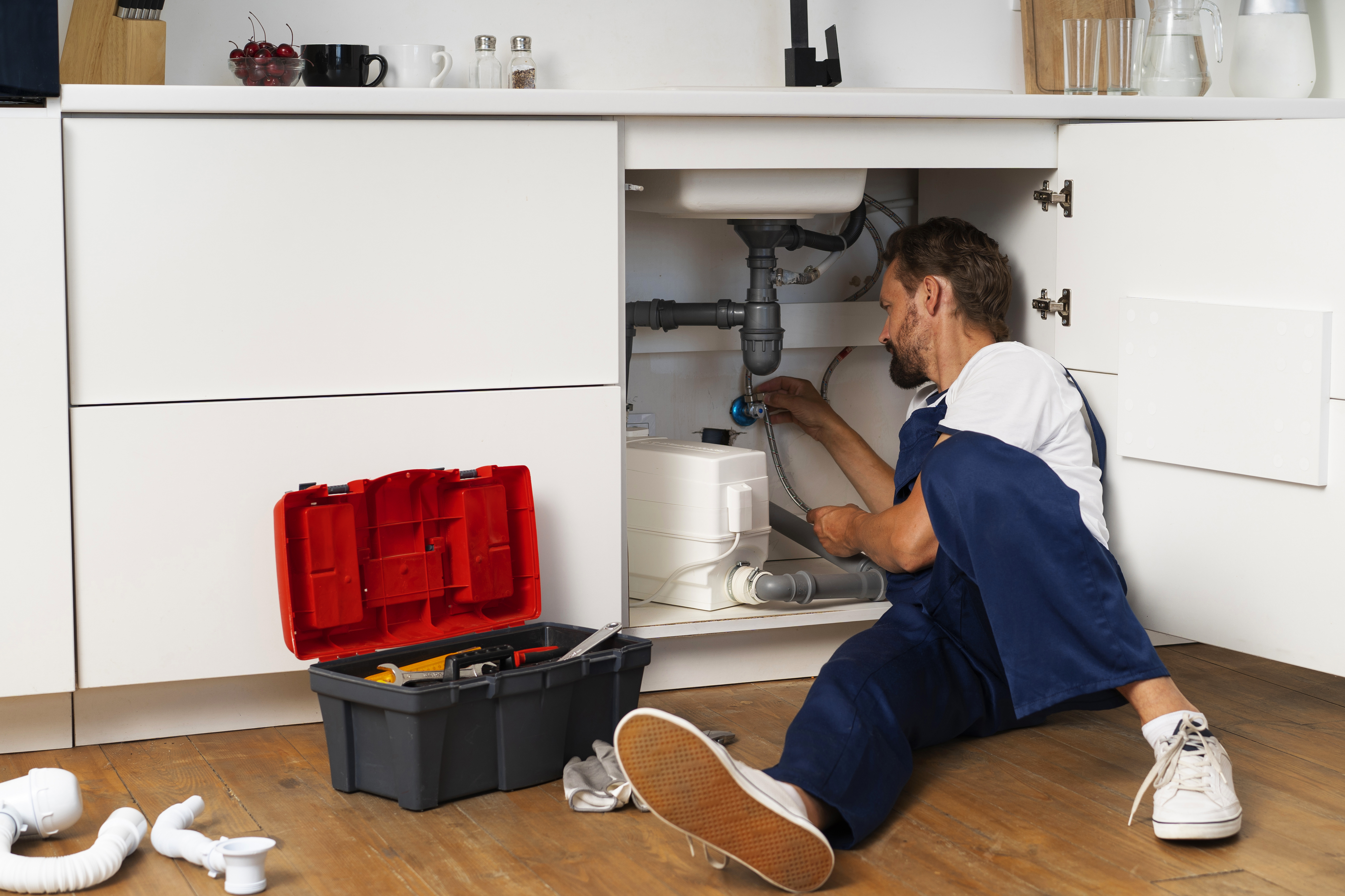 Professional plumber in white and navy uniform inspecting a leaking pipe under a modern kitchen sink in a bright white kitchen with stainless-steel fixtures.