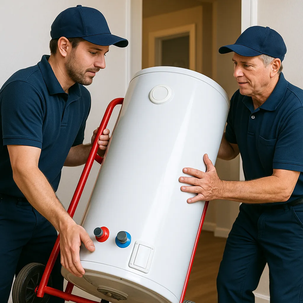 Two professional plumbers replacing a residential water heater using a red dolly, wearing navy-blue uniforms inside a bright utility room for Lion Plumbing water heater installation services.