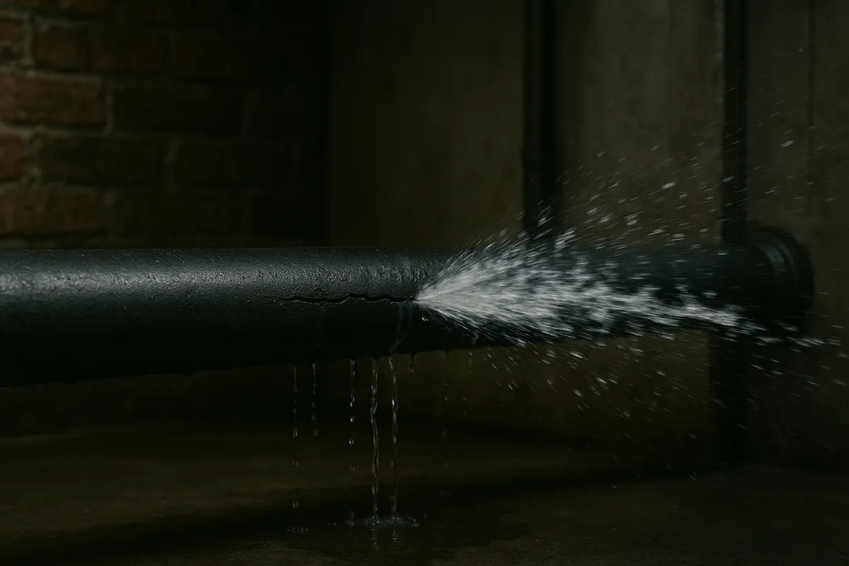 High-pressure water spraying from a cracked metal pipe in an industrial basement, showing a realistic emergency plumbing leak.