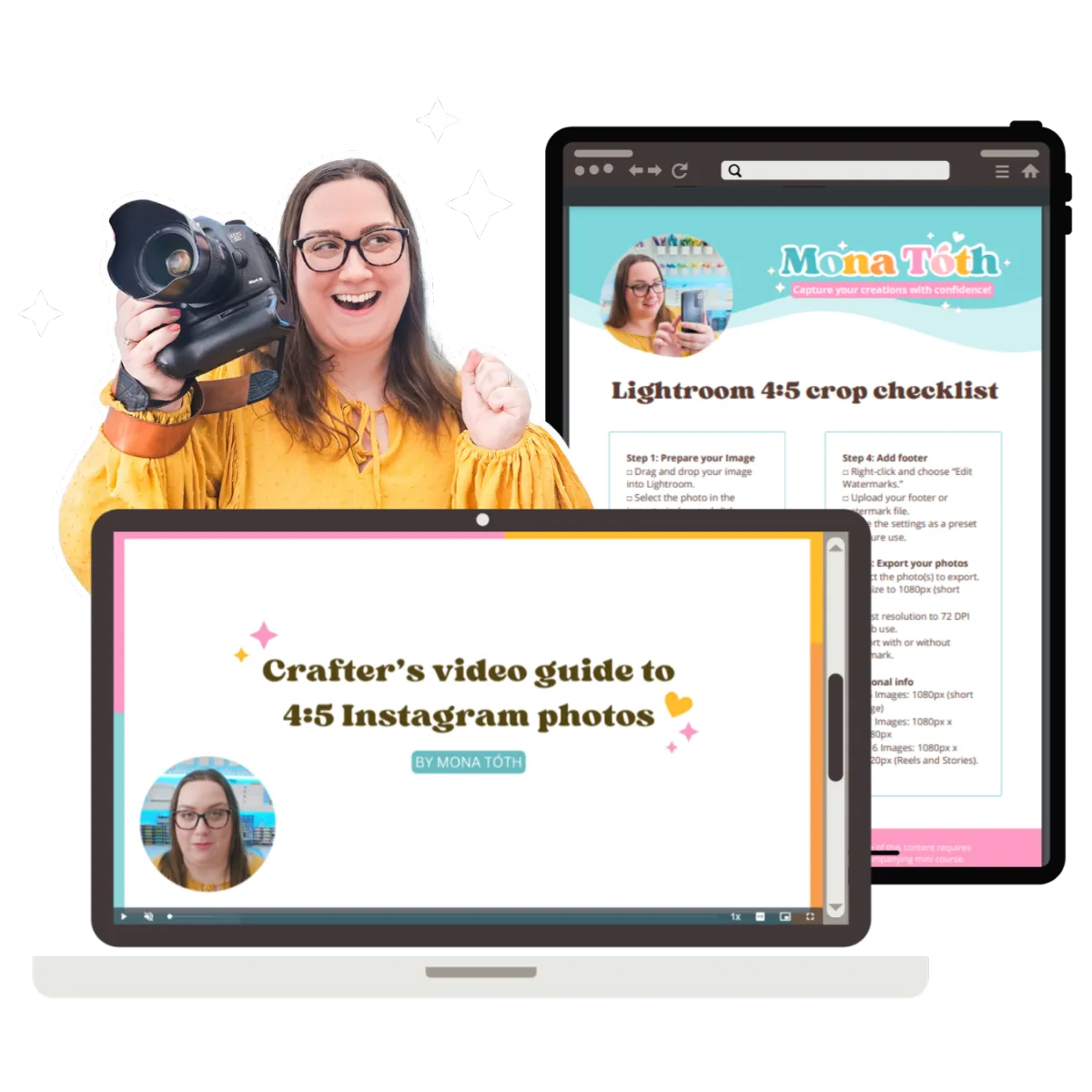 Mona Tóth smiling with camera beside laptop showing crafter’s video guide to 4:5 Instagram photos and Lightroom crop checklist for handmade cards.
