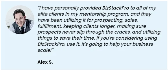 Satisfied customer testimonial for BizStackPro digital marketing software