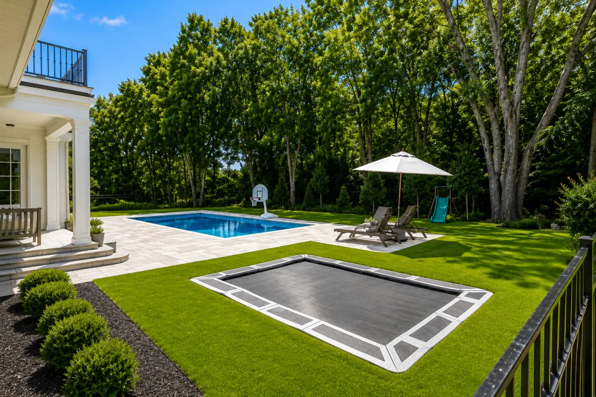Backyard with pool and trampoline showing attractive nuisance liability exposure for homeowners insurance
