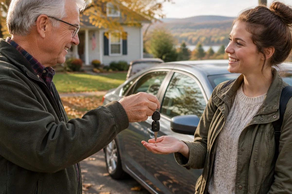 Grandparent handing car keys to a grandchild in a driveway, illustrating whether you can put someone else’s car on your insurance