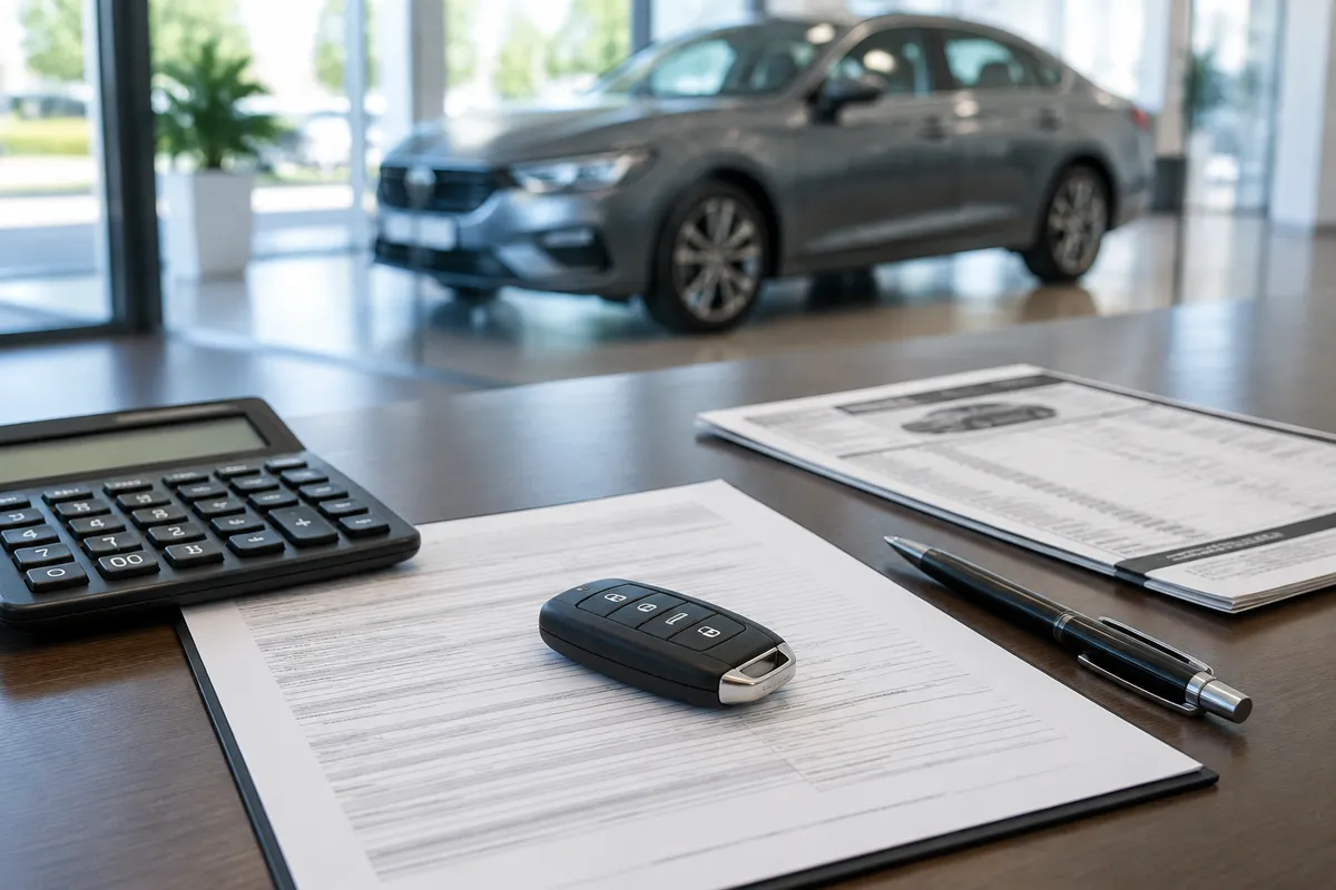 Car key on an auto loan contract with a calculator at a dealership, illustrating GAP insurance and negative equity