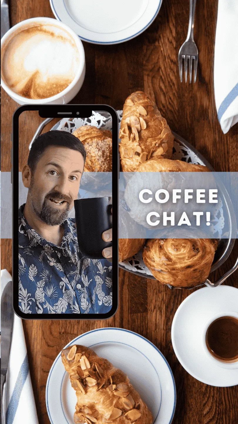 Coffee Chat Image with Brent Herrig holding a coffee cup.