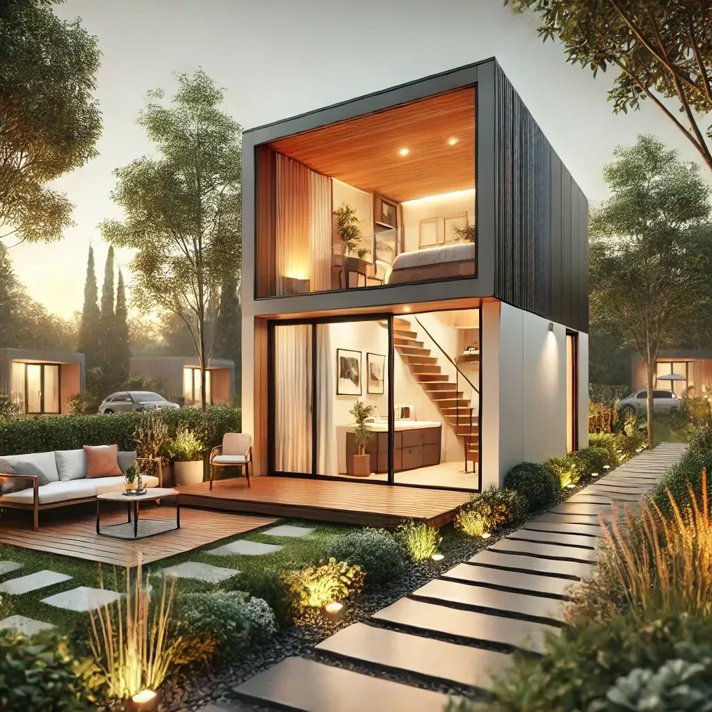 A sleek and modern Casita Tiny Home in a landscaped backyard, surrounded by greenery and soft light. The home features floor-to-ceiling windows, a small wooden deck with outdoor furniture, and a warm glow from the interior. The design emphasizes comfort and modernity, ideal as a guest house or private retreat.