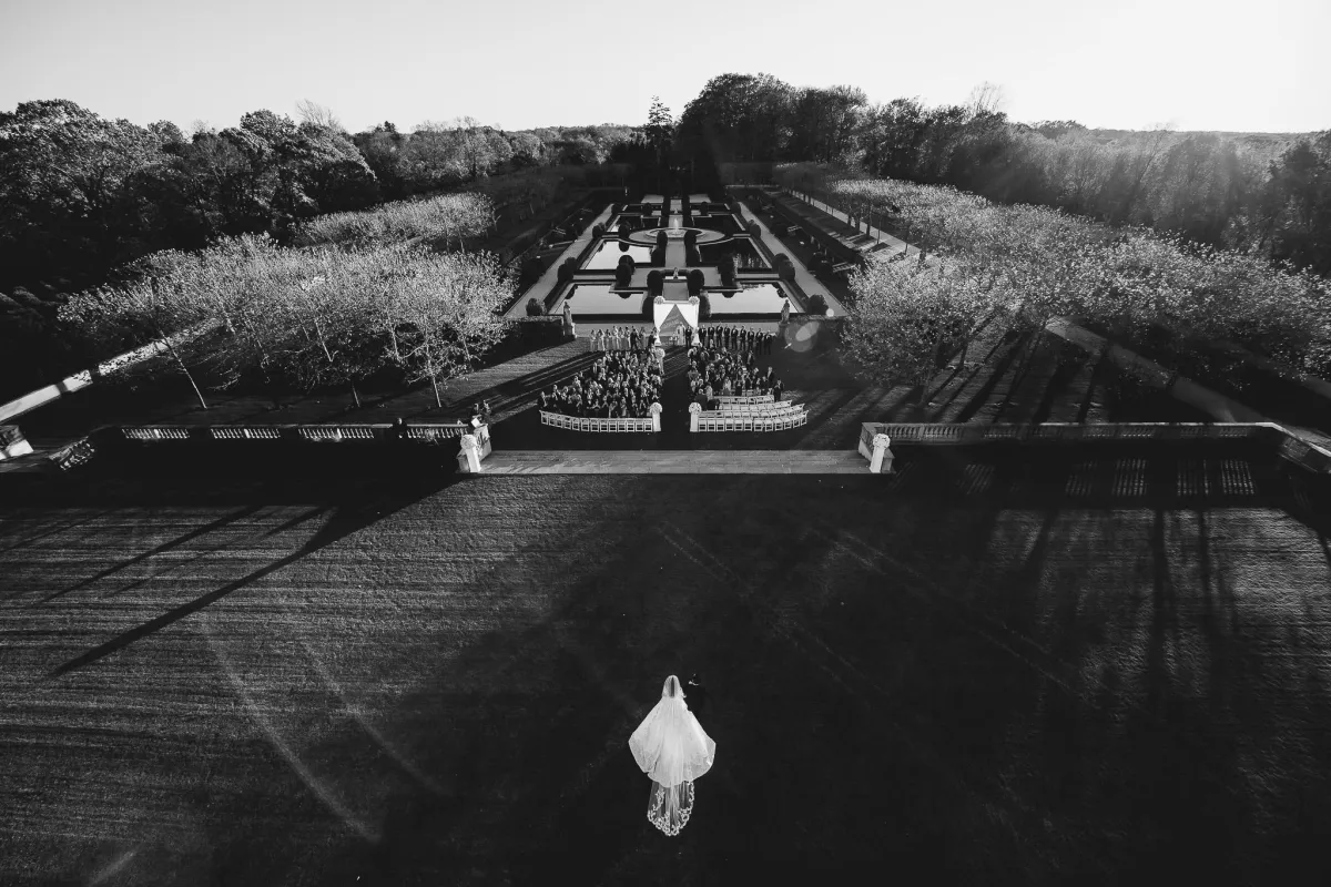 Oheka Castle wedding photographer aerial view garden ceremony Long Island NY by Lotus Wedding Photography