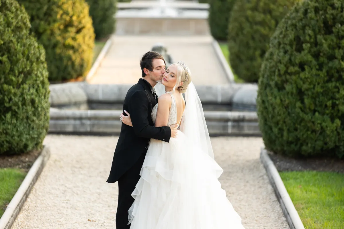 Oheka Castle wedding photographer romantic bride and groom portrait in garden Long Island NY by Lotus Wedding Photography
