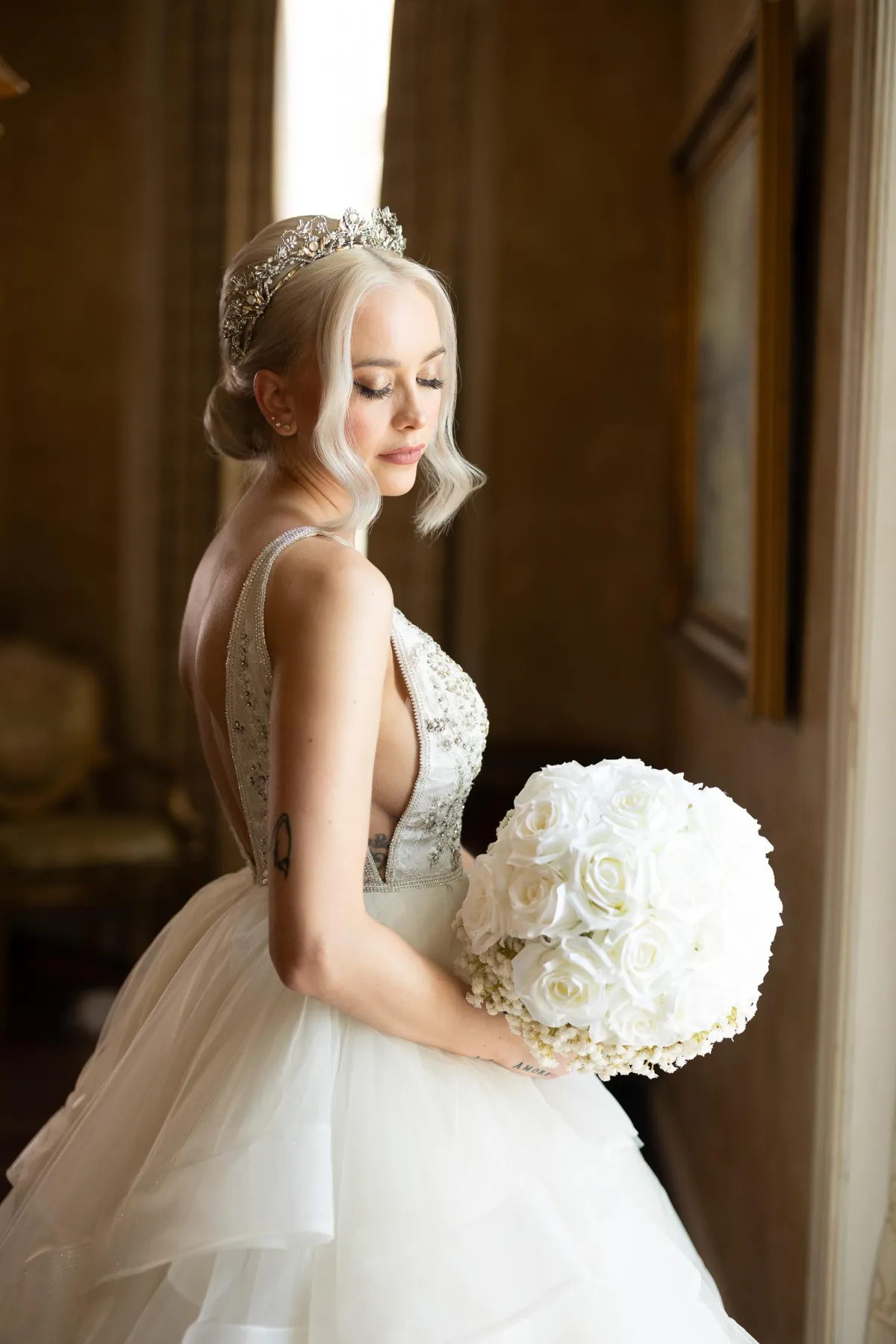 Oheka Castle wedding photographer elegant bridal portrait inside castle Long Island NY by Lotus Wedding Photography