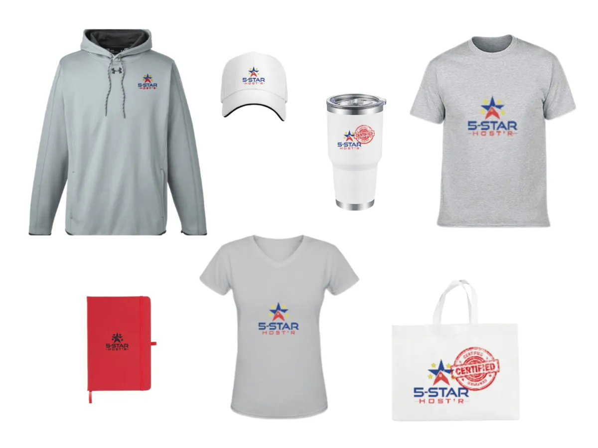 5-Star Hostr branded merchandise mockup for certified STR hosts