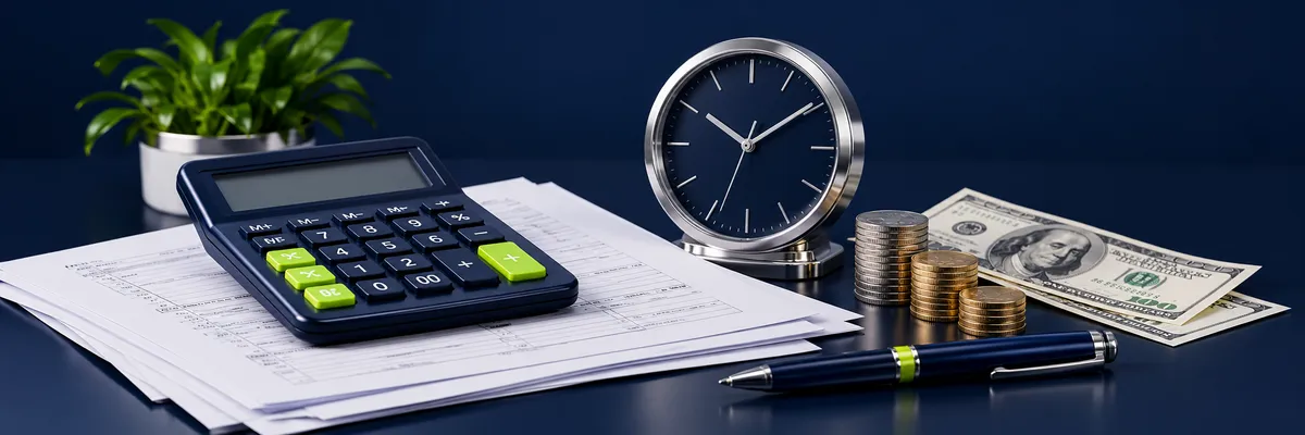 Calculator, tax paperwork, clock, and money on a navy desk