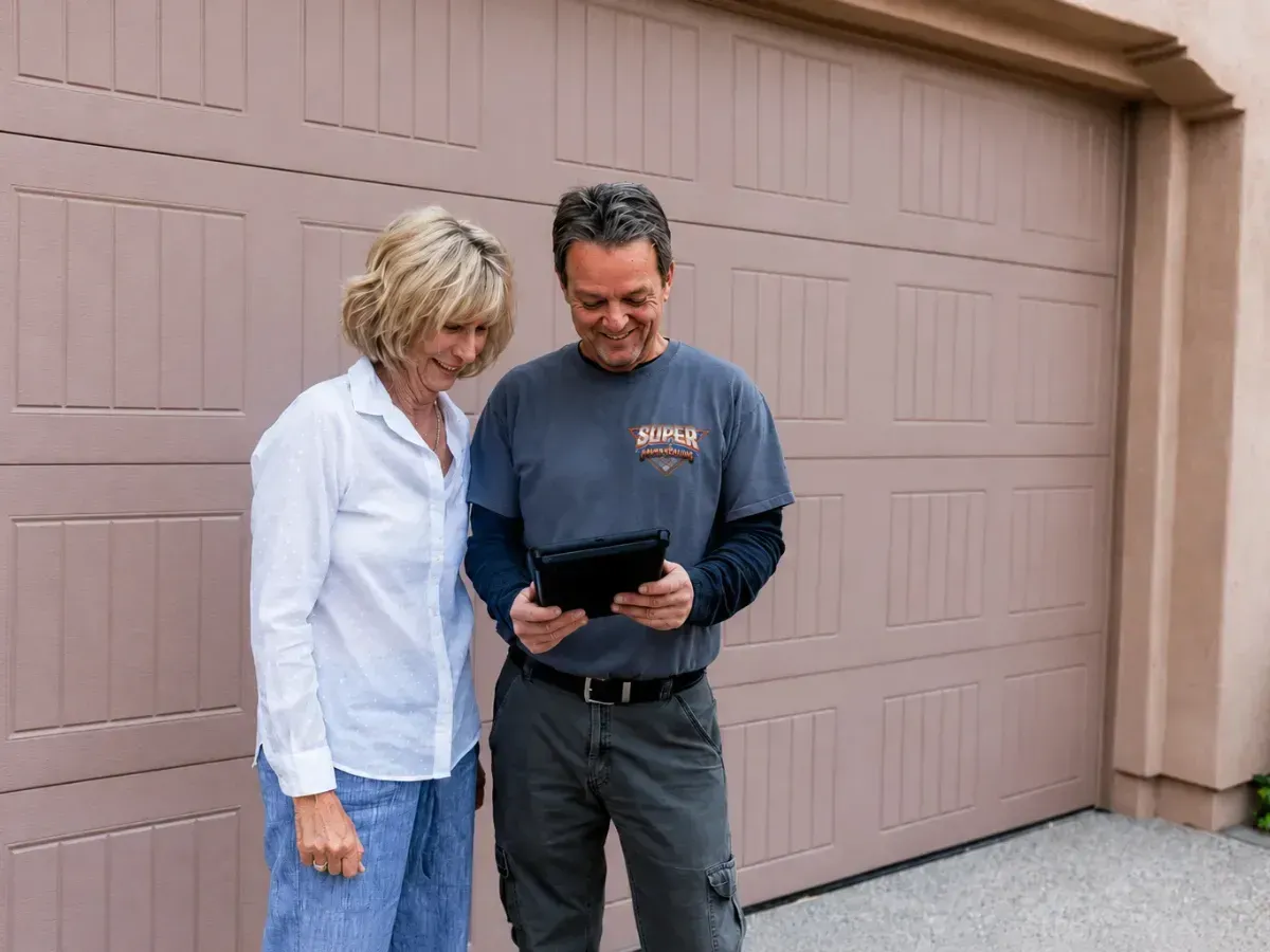 A service technician in a branded uniform showing a woman information on a tablet in front of a garage door.
