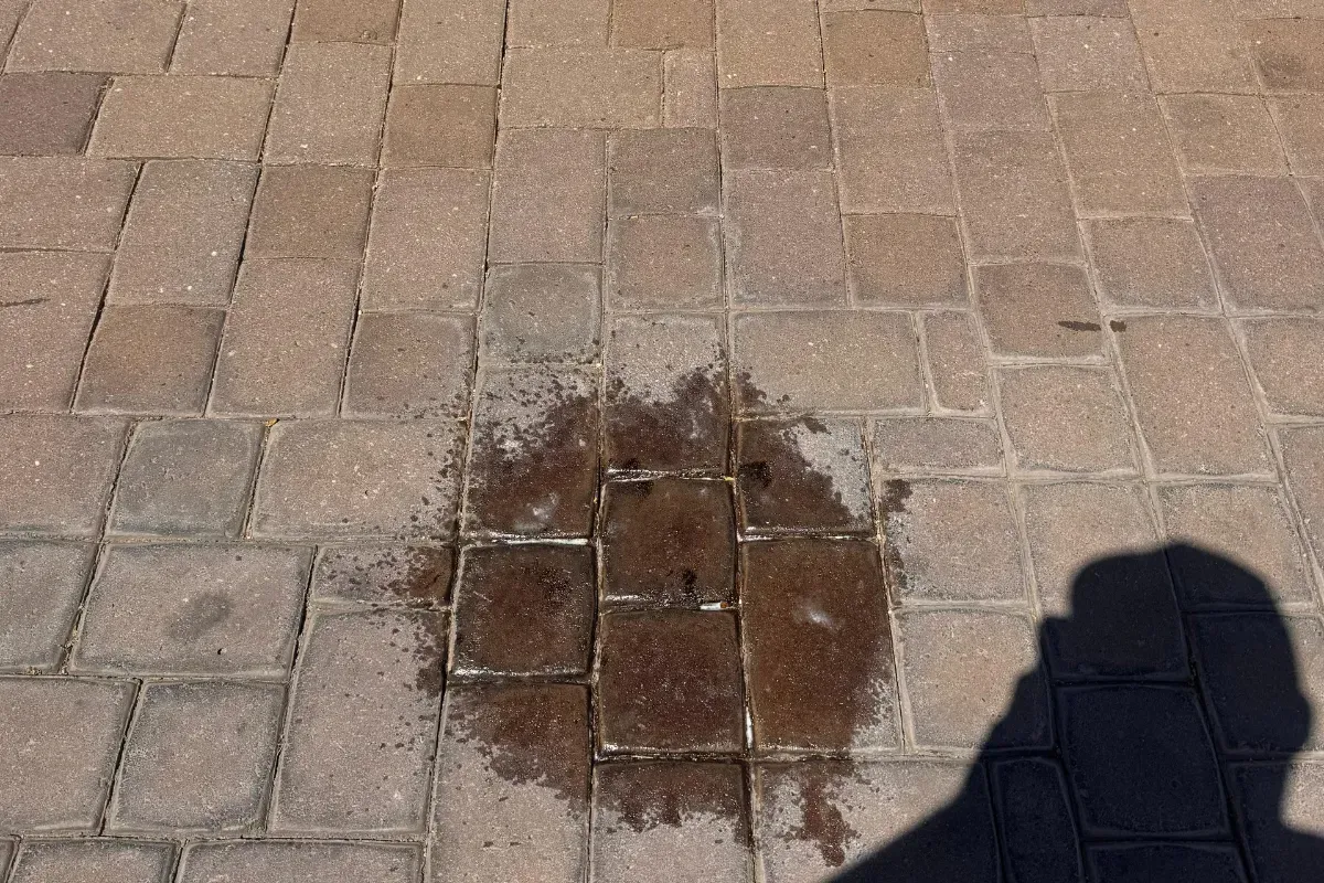 A dark, irregular wet stain on light brown interlocking paver stones, with a person's shadow visible on the bottom right.