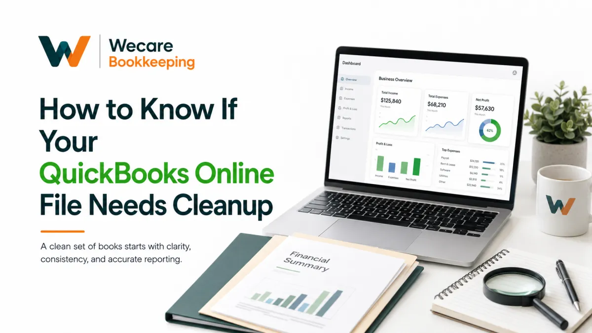 QuickBooks Online cleanup review showing reports, reconciliation issues, and inaccurate bookkeeping records