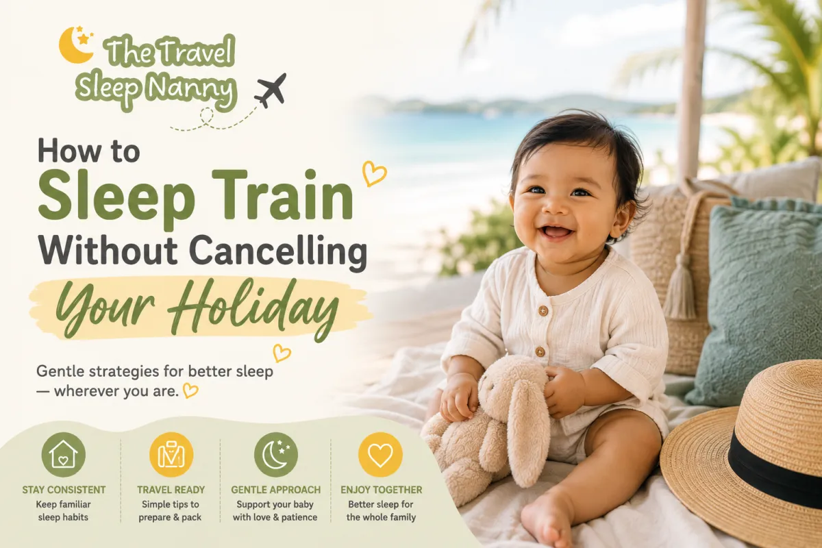 Baby relaxing on a tropical holiday with a stuffed bunny, alongside the title “How to Sleep Train Without Cancelling Your Holiday” and The Travel Sleep Nanny logo in soft sage green, cream, and yellow.