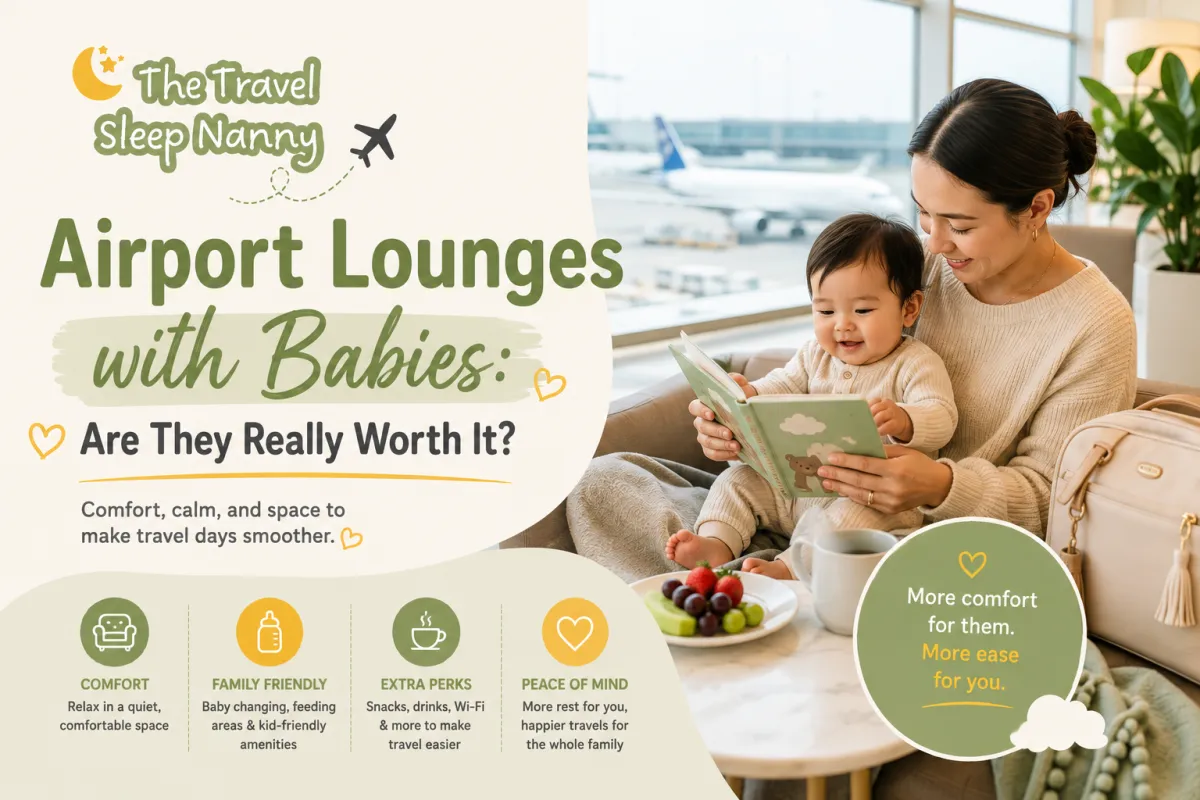 Mother and baby relaxing together in an airport lounge, with an airplane visible outside the window and travel essentials nearby.