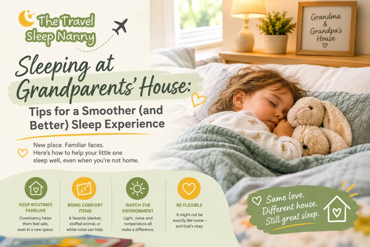 Sleeping child cuddled with a stuffed bunny in a cozy grandparents’ guest room, with the Travel Sleep Nanny branding and tips for better sleep away from home.