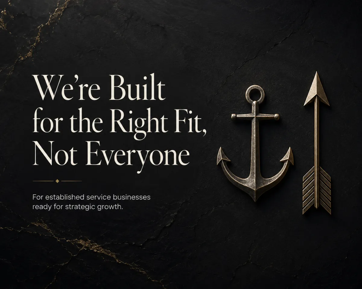Dark, editorial-style website graphic with a textured black and deep navy marble background accented by subtle gold veining. Large cream serif text reads, “We’re Built for the Right Fit, Not Everyone.” Smaller sans-serif text below reads, “For established service businesses ready for strategic growth.” On the right side, a metallic anchor and arrow stand side by side, adding a premium, symbolic feel.