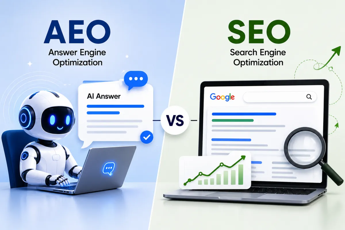A clean split-screen illustration comparing AEO and SEO. On the left, AEO (Answer Engine Optimization) is represented by a friendly AI robot working on a laptop with an AI answer card and chat bubble, symbolizing direct AI-generated answers. On the right, SEO (Search Engine Optimization) is shown with a laptop displaying Google search results, a magnifying glass, and an upward growth chart representing search rankings and visibility. A “VS” badge appears in the center separating the two concepts.