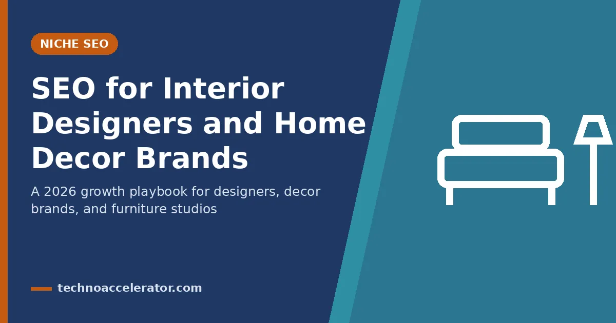 SEO for interior designers and home decor brands 2026 banner with sofa and lamp icon