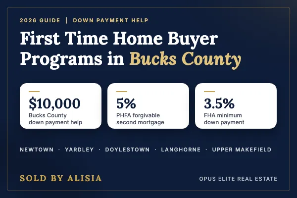 Navy and gold graphic titled First Time Home Buyer Programs in Bucks County, highlighting $10,000 in county help, a 5% PHFA forgivable loan, and a 3.5% FHA down payment