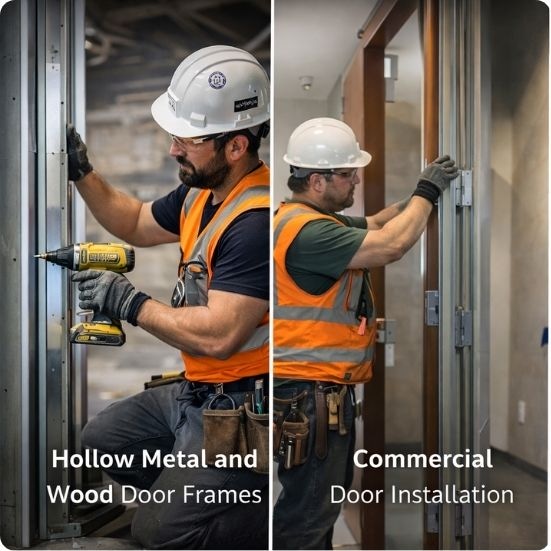 Skilled tradesperson installing hollow metal door frame on a commercial construction site