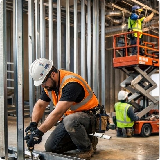Metal framing specialist installing interior steel studs on a commercial construction project in Georgia