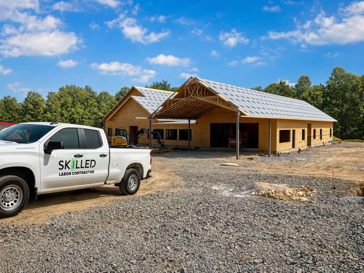 Skilled Labor Contractor crew member smiling on a commercial construction jobsite with team working in the background