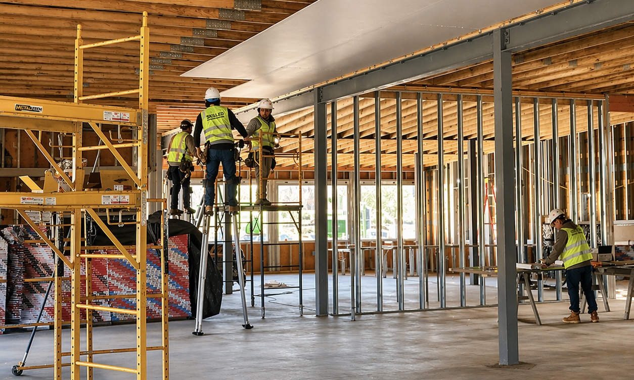 Three Skilled Labor Contractor crew members on a commercial jobsite demonstrating field-focused leadership